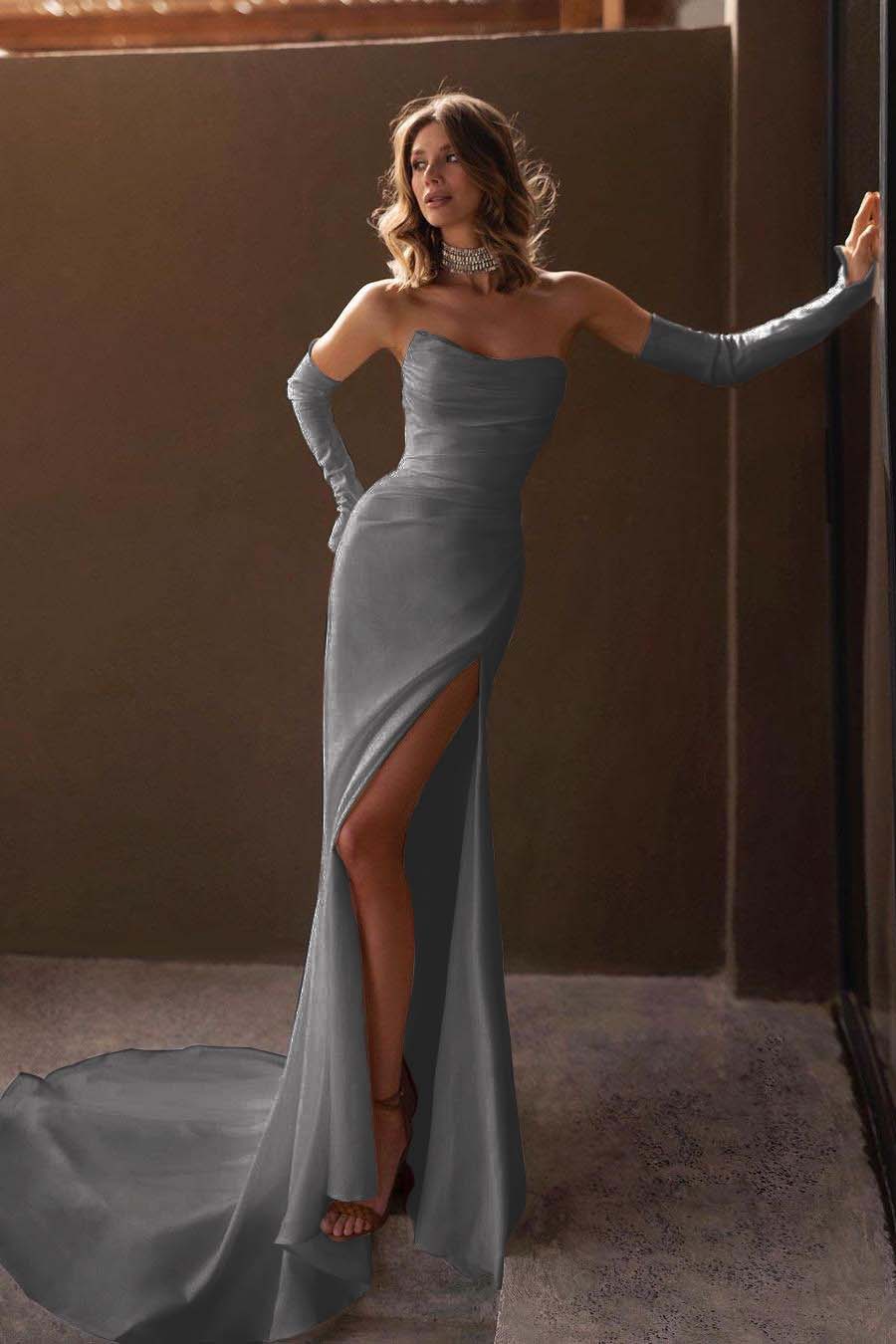 Chic Strapless Sleeveless Split Long Formal Dress With Ruffles