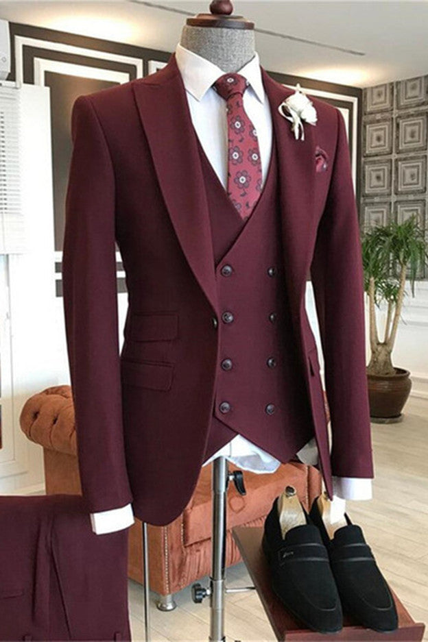 Newinlook Modern Burgundy Three-Piece Groom Suit with Peaked Lapel for Prom