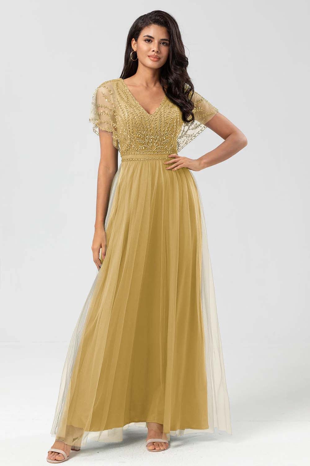 Tulle Short Sleeves V Neck A Line Long Formal Dress With Appliques