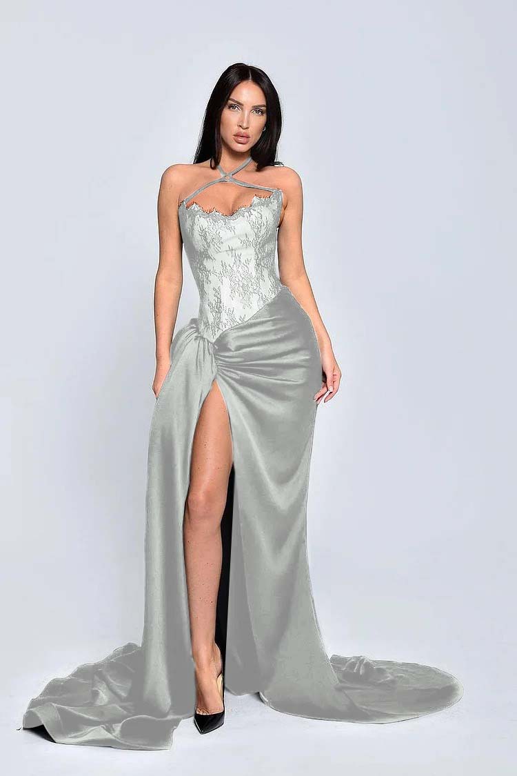 Black Halter Sleeveless Appliques Long Formal Dress With High Split