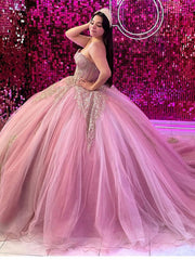 Strapless Ball Gown Lace Applique & Beaded Pink Tulle Quinceanera Dress for Sweet 16 Princess Formal Evening Party