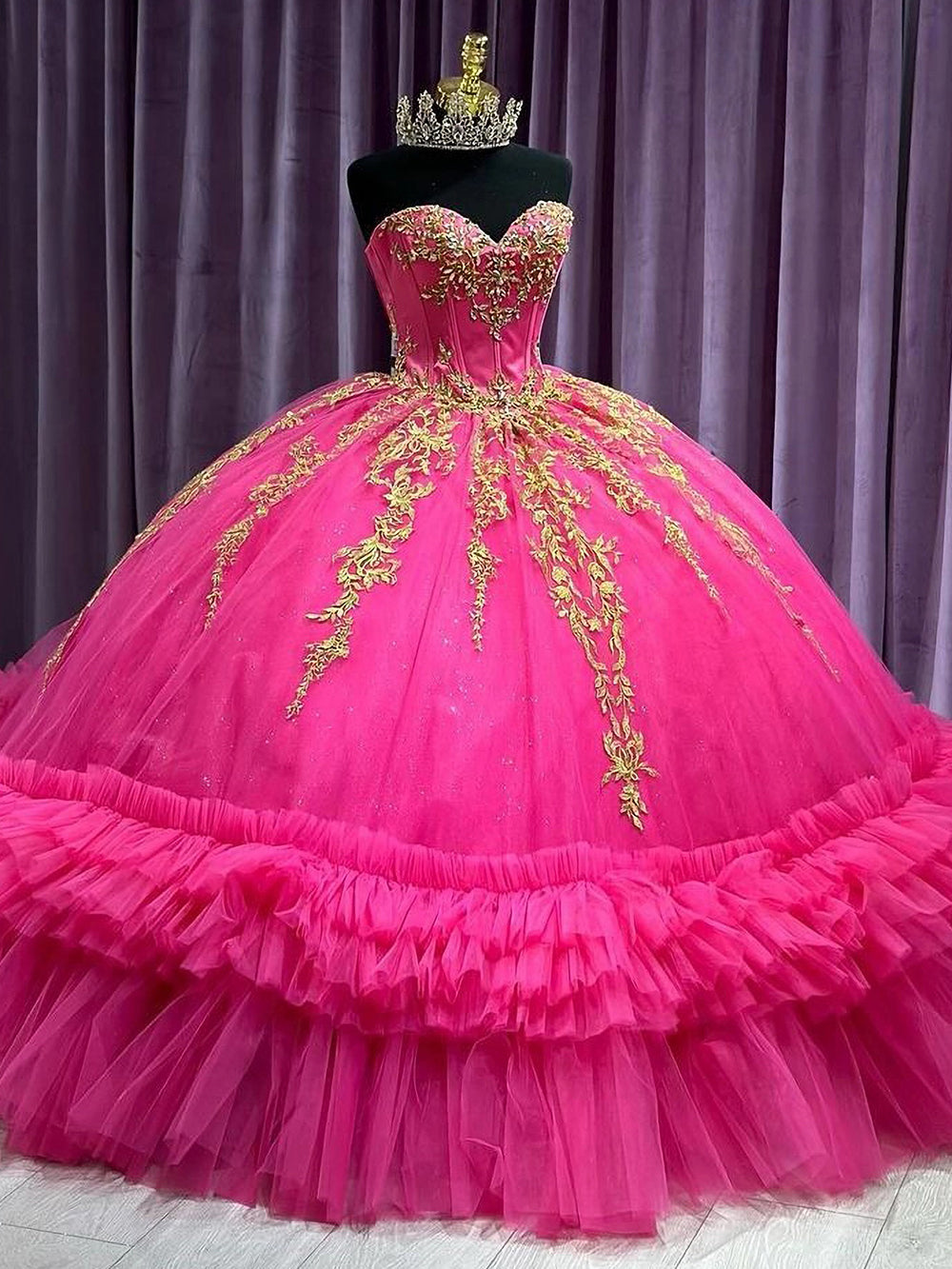 Gold-Lace Ball Gown Strapless Hot Pink Tulle Quinceanera Dress with Tiered Ruffles & Beaded Details for Sweet 16 & Birthday Galas