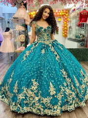 Hunter Green Quinceanera Dress Gold Lace Applique Sequined Beaded Ball Gown with V-Neck Straps & Tulle Skirt for Sweet 16 & Evening Galas