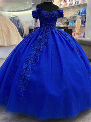 Royal Blue Off-Shoulder Ball Gown Lace & Beaded Quinceanera Dress for Sweet 16 & Prom
