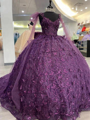 Purple Tulle Quinceanera Dress Strapless Ball Gown with 3D Butterfly Appliques & Bow Knot for Sweet 16 & Princess Parties