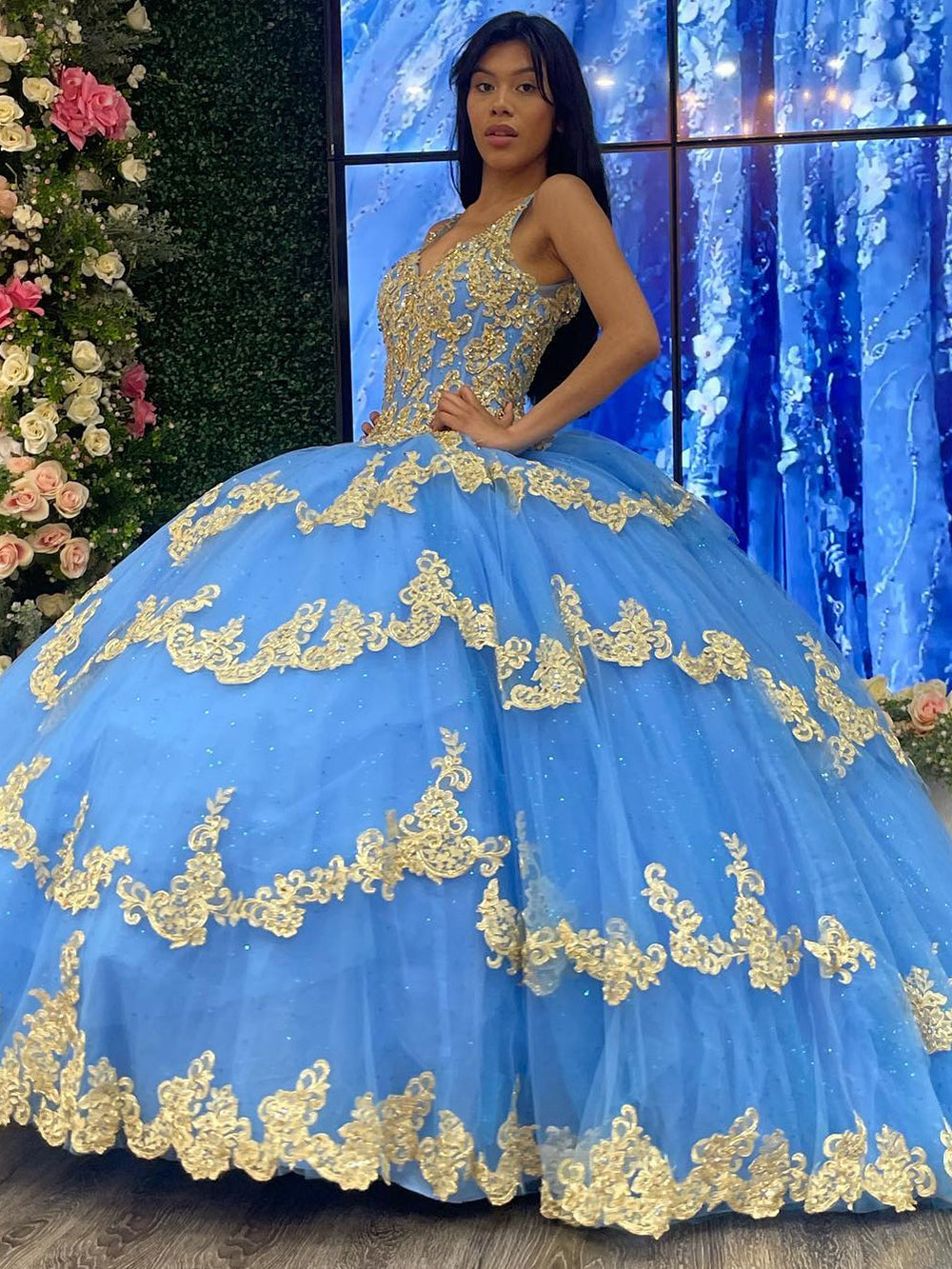 Sky Blue Ball Gown V-Neck Beaded Sequins Floral Appliques & Tiered Tulle Quinceanera Dress for Sweet 16 Cocktail & Evening Parties