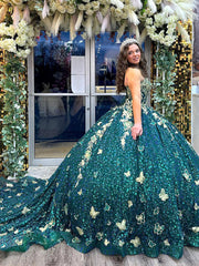 Exquisite Hunter Green Quinceanera Dress 3D Gold Butterfly Lace Sequined Beading & Tulle Ball Gown for Sweet 16