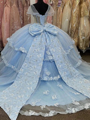 Light Blue Tulle Quinceanera Dress Sweetheart Neckline 3D Butterfly Appliques & Tiered Bow Detail for Sweet 16