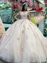 Off-Shoulder Ball Gown Lace Applique & Tulle Princess Dress for Quinceanera Sweet 16 and Evening Galas