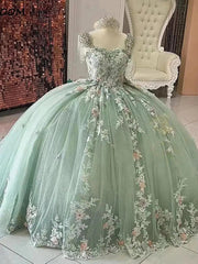 Exquisite Mint Green Ball Gown Strapless 3D Floral Applique Sweep Train Tulle Quinceanera Dress for Sweet 16