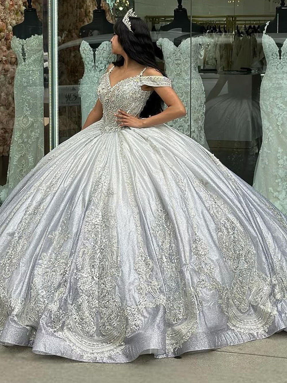 Silver Ball Gown Off-Shoulder Beaded Lace Applique Quinceanera Dress with Sweep Train for Sweet 16 & Princess Parties