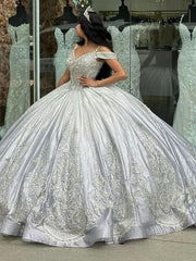 Silver Ball Gown Off-Shoulder Beaded Lace Applique Quinceanera Dress with Sweep Train for Sweet 16 & Princess Parties