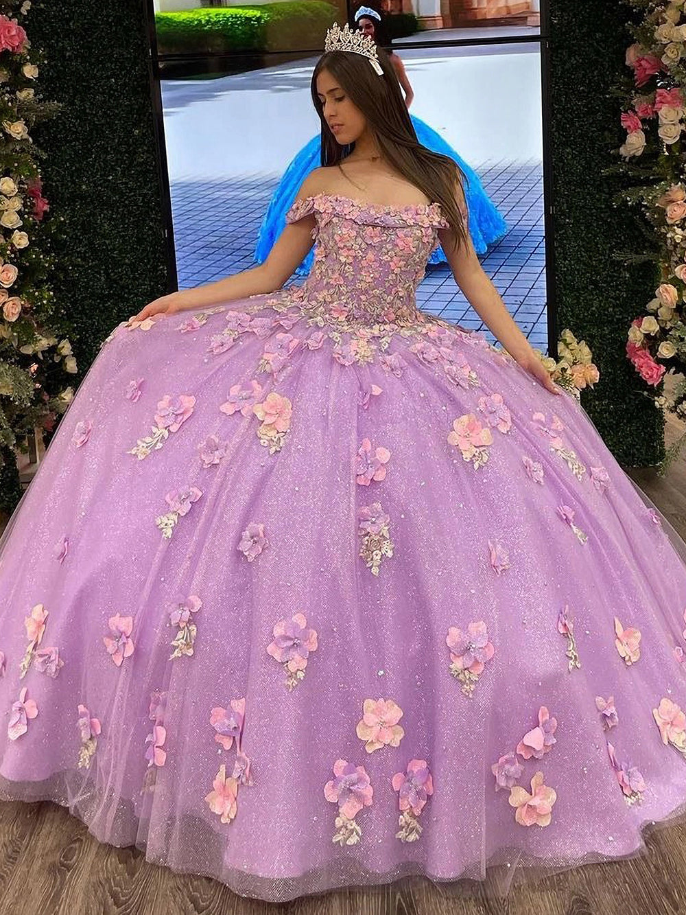 Lilac Ball Gown with Off-Shoulder Neckline 3D Floral Appliques & Sequins Princess Quinceanera & Sweet 16 Formal Dress