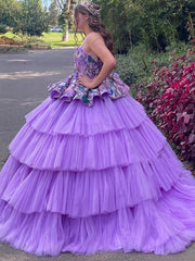 Lavender Tulle Quinceanera Dress Strapless Ball Gown with Floral Appliques & Tiered Skirt for Sweet 16
