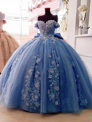 Exquisite Off-Shoulder Ball Gown with 3D Floral Lace Appliques & Beaded Blue Tulle for Quinceanera or Sweet 16