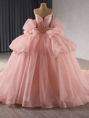 Strapless Ball Gown with Detachable Sleeves Tiered Tulle Quinceanera Dress with Ruffle Appliques & Bow Detail for Sweet 16 & Princess Parties