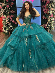 Exquisite Emerald Green Ball Gown Off-Shoulder Gold Beaded Quinceanera Dress with Tiered Ruffles for Sweet 16 & Formal Evenings