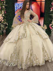 Champagne Tiered Tulle Quinceanera Dress Sweetheart Ball Gown with Long Sleeves Sequins & Beaded Appliques for Sweet 16 & Evening Galas