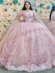 Off-Shoulder Ball Gown with Delicate Lace Appliques Pink Tulle Princess Dress for Quinceanera Sweet 16 & Birthday Parties