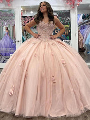 Ball Gown with Sweetheart Neckline Floral Lace Appliques & Beaded Details Pink Tulle Quinceanera Dress for Sweet 16 & Birthday Parties