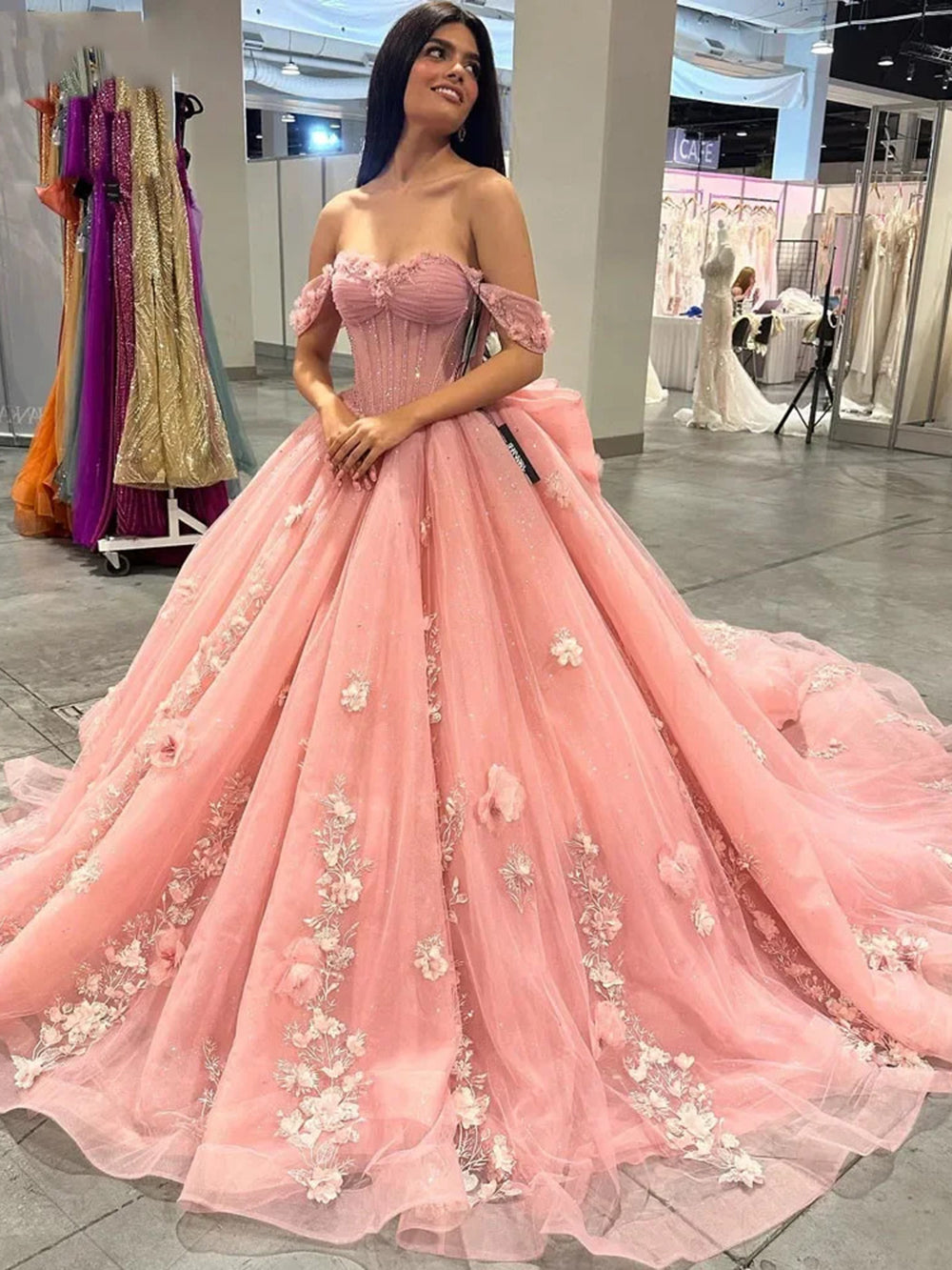 Exquisite Off-Shoulder Ball Gown with 3D Floral Lace Appliques Pink Tulle Quinceanera & Sweet 16 Dress