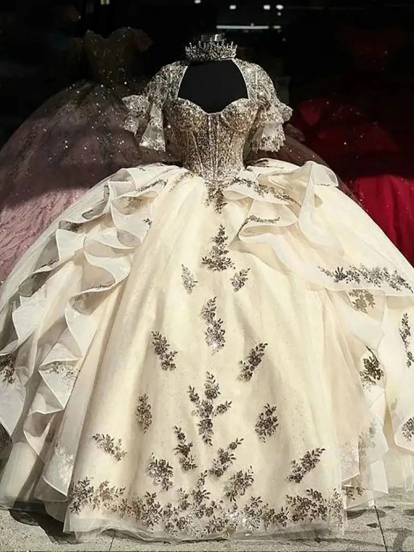 Champagne Ball Gown Sweetheart Neckline with Lace Appliques & Tiered Ruffles for Quinceanera Sweet 16 or Graduation