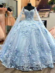 Sky Blue Off-Shoulder Ball Gown with 3D Butterfly Lace Applique Quinceanera & Princess Party Dress for Sweet 16