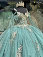 Mint Green Quinceanera Ball Gown Sparkling Tulle 3D Floral Appliques & Beaded Sweetheart Neckline for 2024