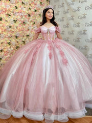 Exquisite Off-Shoulder Ball Gown Long Sleeve Lace Applique Pink Tulle Quinceanera Dress with Sweep Train for Sweet 16