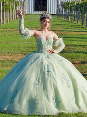 Mint Green Ball Gown with Detachable Strapless Sleeves 3D Floral Lace Applique & Corset Bow for Quinceanera & Sweet 16