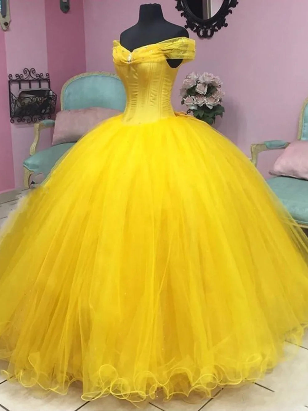 Off-Shoulder Yellow Tulle Ball Gown Floor-Length Quinceanera & Sweet 16 Princess Dress