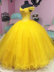 Off-Shoulder Yellow Tulle Ball Gown Floor-Length Quinceanera & Sweet 16 Princess Dress