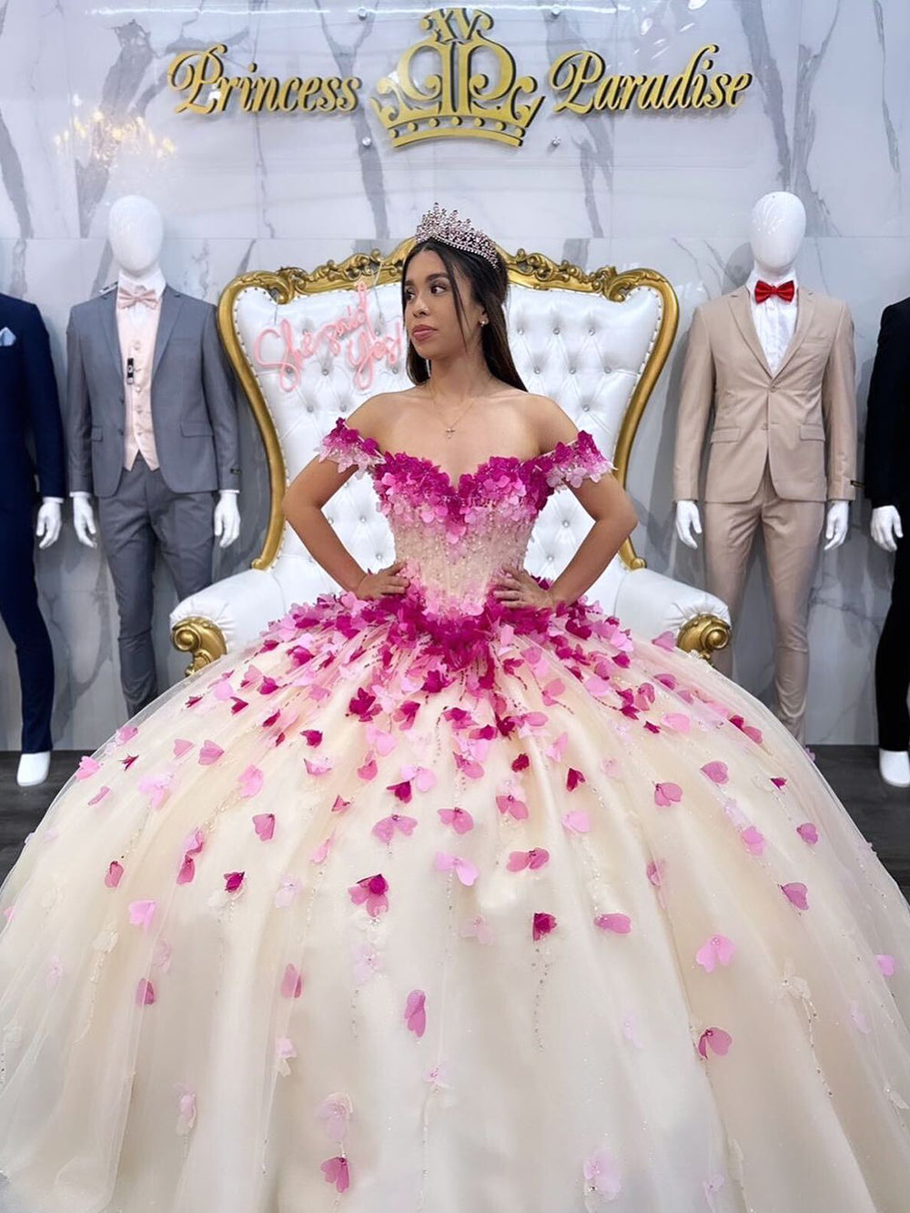 Exquisite Off-Shoulder Ball Gown with Floral Appliques & Beaded Tulle for Quinceanera or Sweet 16