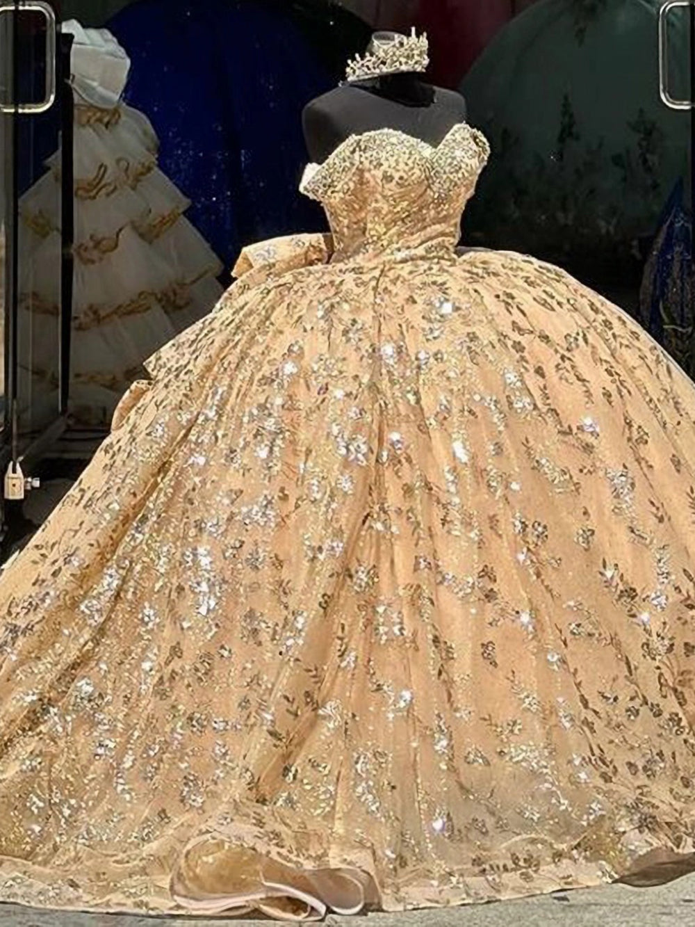 Luxury Champagne Ball Gown Off-Shoulder Sequined Beaded Tiered Tulle Dress for Quinceanera Sweet 16 & Evening Galas