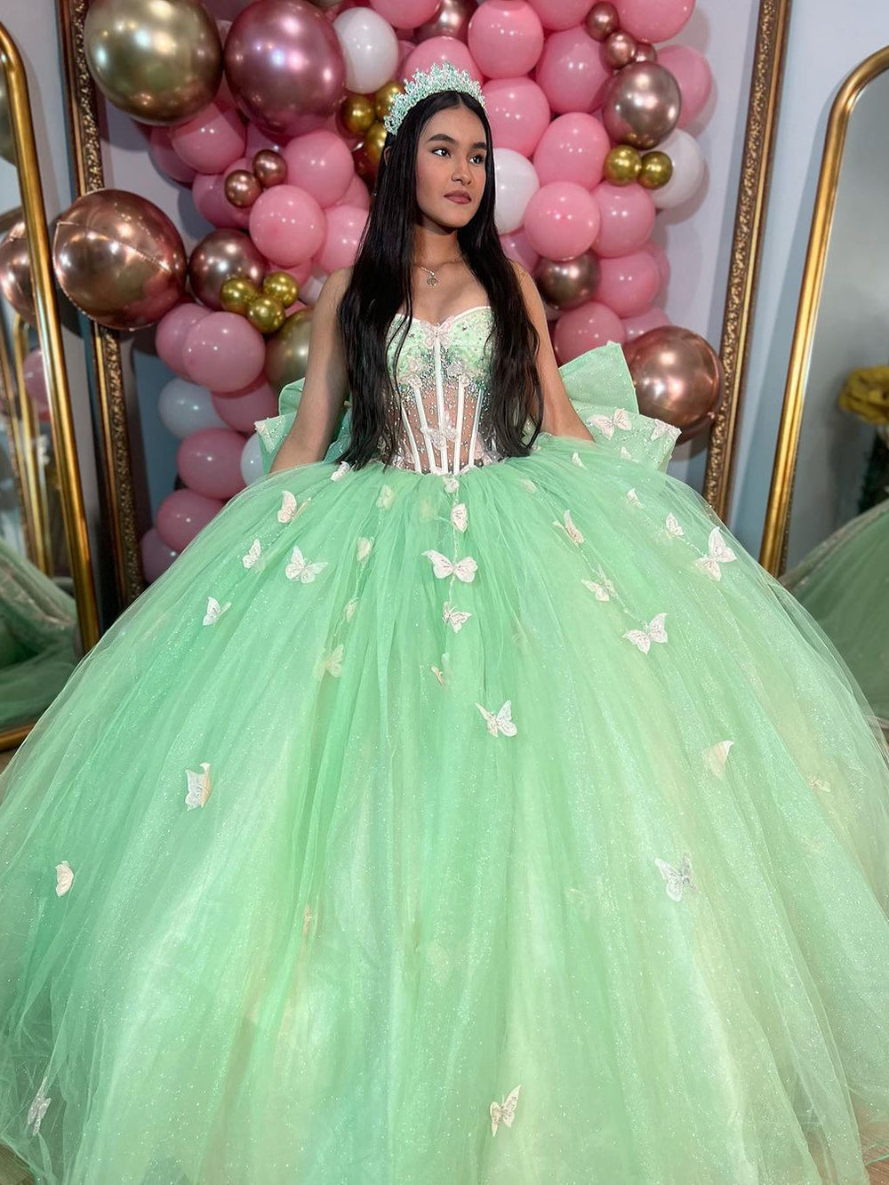 Mint Green Ball Gown with Sweetheart Neckline 3D Butterfly Appliques and Bow Detail Perfect for Quinceanera & Evening Galas