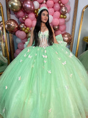 Mint Green Ball Gown with Sweetheart Neckline 3D Butterfly Appliques and Bow Detail Perfect for Quinceanera & Evening Galas