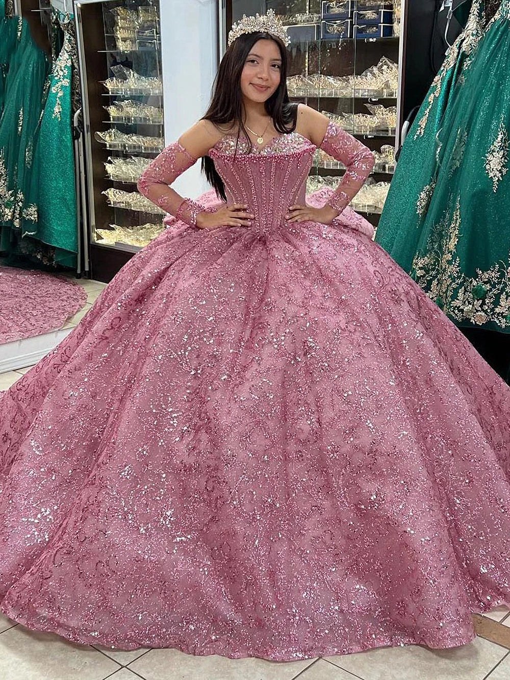 Ball Gown with Detachable Sleeves Sequined & Beaded Dusty Pink Tulle Princess Dress for Quinceanera & Sweet 16