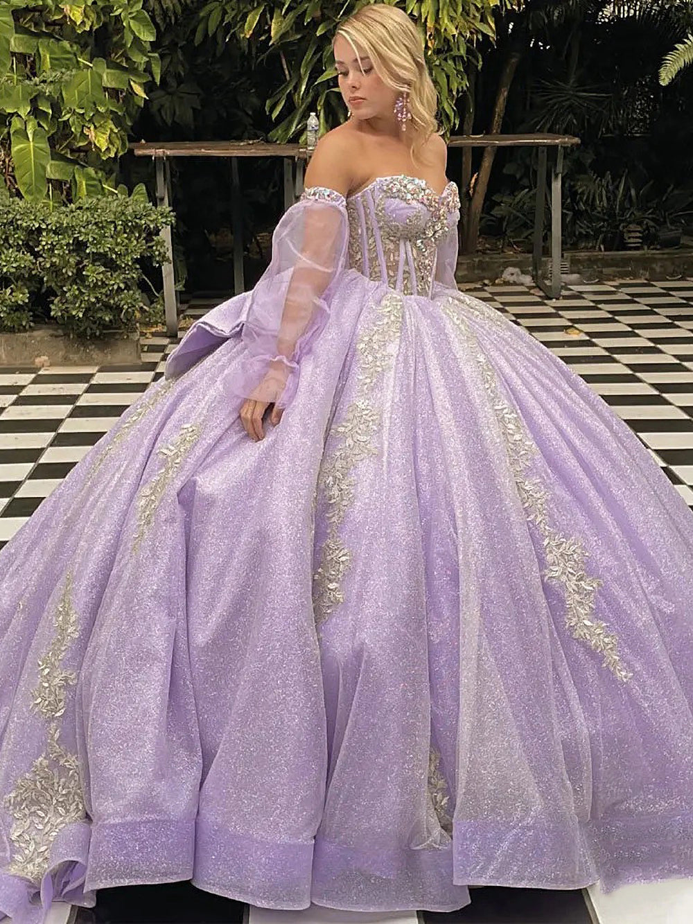 Lilac Tulle Princess Ball Gown Strapless Long Sleeves with Lace Appliques & Beaded Bow for Quinceanera Sweet 16 & Evening Galas