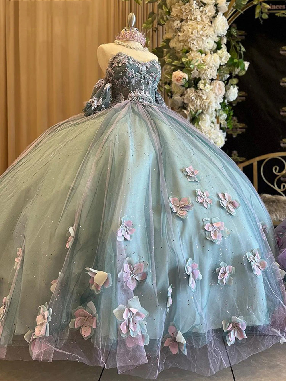 Off-Shoulder Ball Gown Sweetheart Neck Quinceanera Dress with 3D Floral Appliques & Sparkling Beaded Tulle for Sweet 16 & Princess Parties