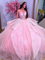 Ball Gown with Sweetheart Neckline Lace Flower Appliques Tiered Ruffles and Pink Tulle for Quinceanera Sweet 16 & Formal Evenings