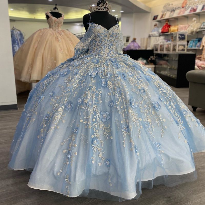 Sky Blue Tulle Princess Ball Gown V-Neck Spaghetti Straps Floral Appliques & Beaded Lace-Up for Quinceanera or Sweet 16