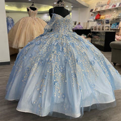 Sky Blue Tulle Princess Ball Gown V-Neck Spaghetti Straps Floral Appliques & Beaded Lace-Up for Quinceanera or Sweet 16