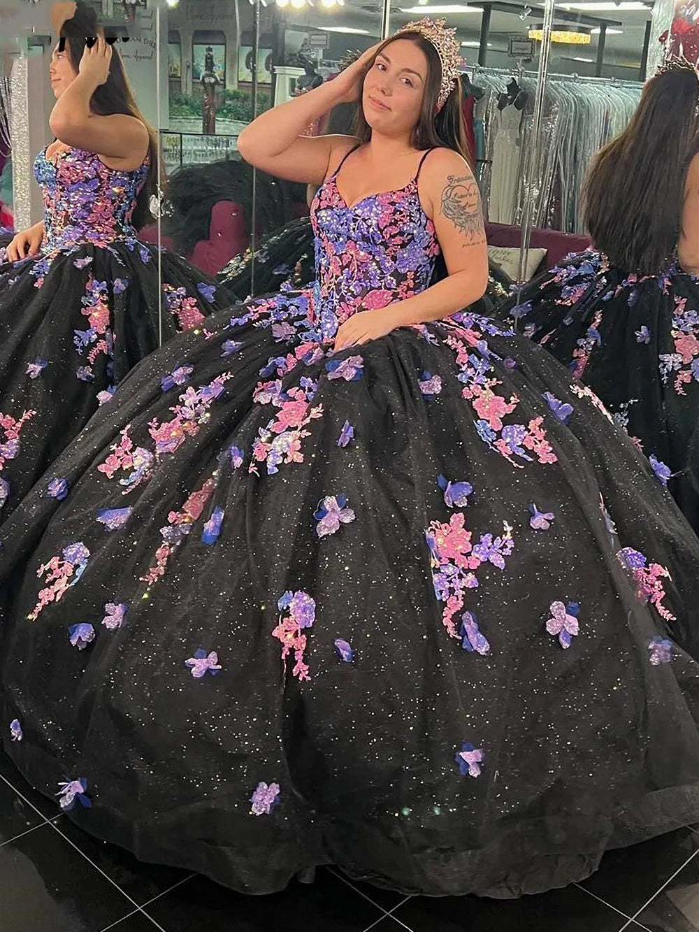 Black Tulle Quinceanera Dress Sweetheart Neckline with 3D Floral Lace & Beaded Appliques for Sweet 16 & Birthday Parties