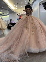 Exquisite Rose Pink Quinceanera Dress Off-Shoulder Lace & Sequins Ball Gown with Sweep Train for Sweet 16 & Princess Galas