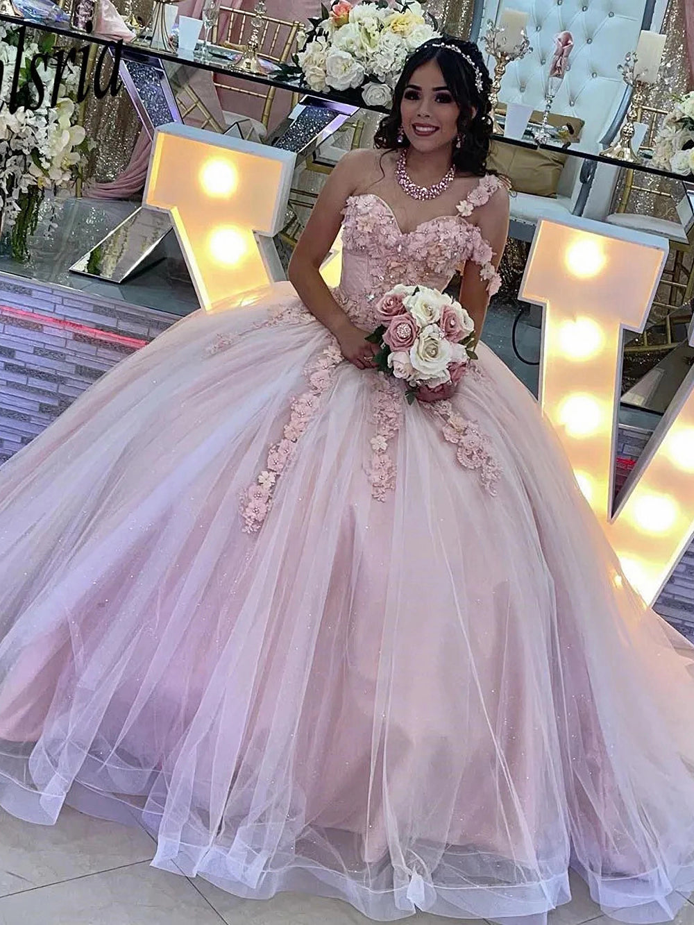 Exquisite One-Shoulder Ball Gown with 3D Floral Lace Appliques Pink Tulle Princess Dress for Quinceanera & Sweet 16