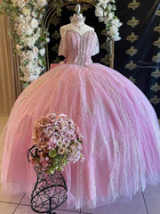 Exquisite Pink Tulle Ball Gown Sweetheart Neckline with Off-Shoulder Spaghetti Straps & Lace Appliques for Quinceanera Sweet 16 and Prom