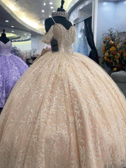 Champagne Quinceanera Ball Gown Off-Shoulder Spaghetti Strap Lace Applique Tulle Dress for Sweet 16