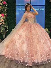 Ball Gown Strapless Cape Dress 3D Floral Appliques & Beaded Details in Rose Pink Tulle for Quinceanera or Sweet 16