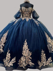 Exquisite Navy Blue Ball Gown Off-Shoulder Lace Applique Quinceanera Dress with Tiered Tulle Skirt for Sweet 16 & Evening Galas