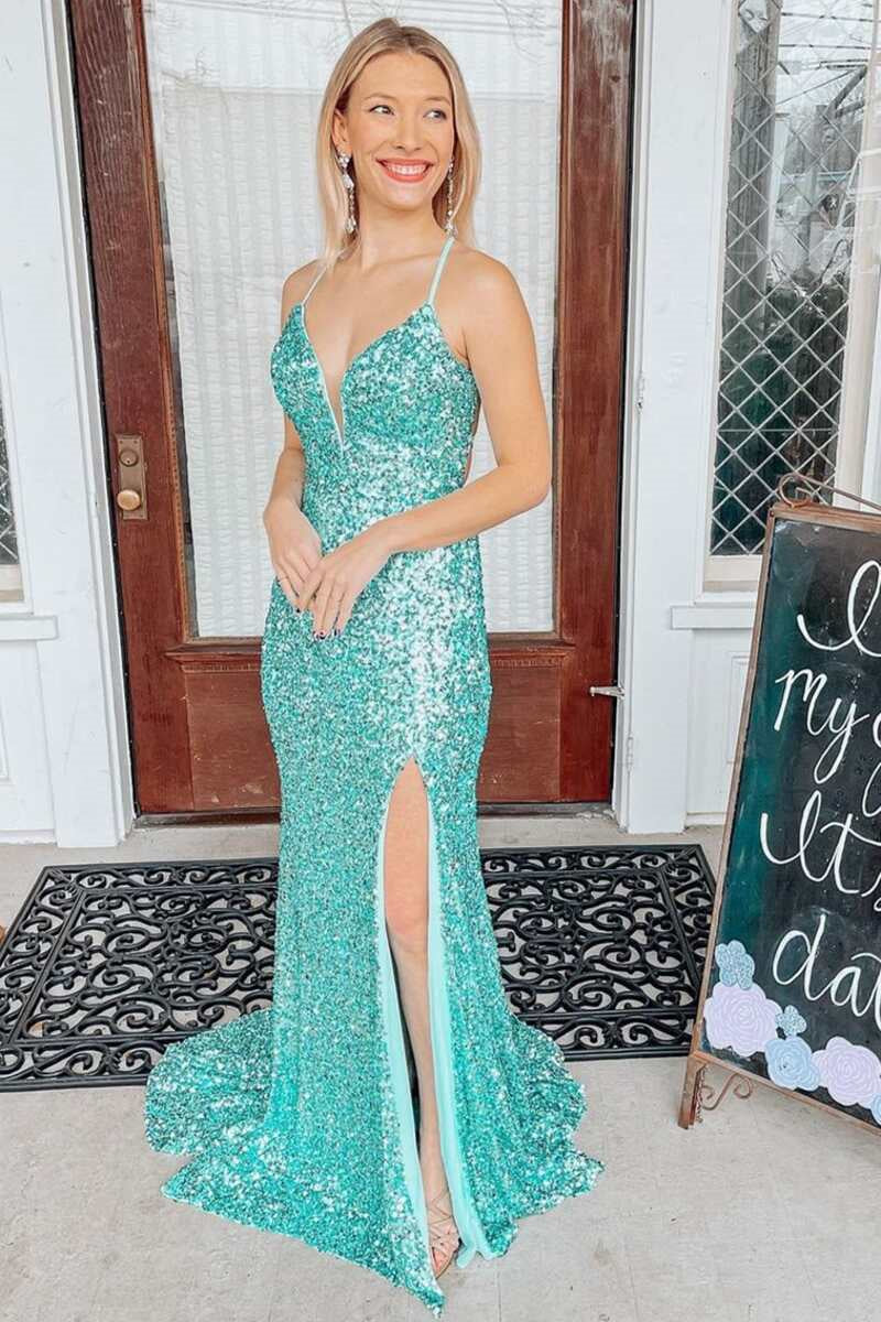 Newinlook Jade V-Neck Spaghetti Strap Split Mermaid Evening Dress With Sequins
